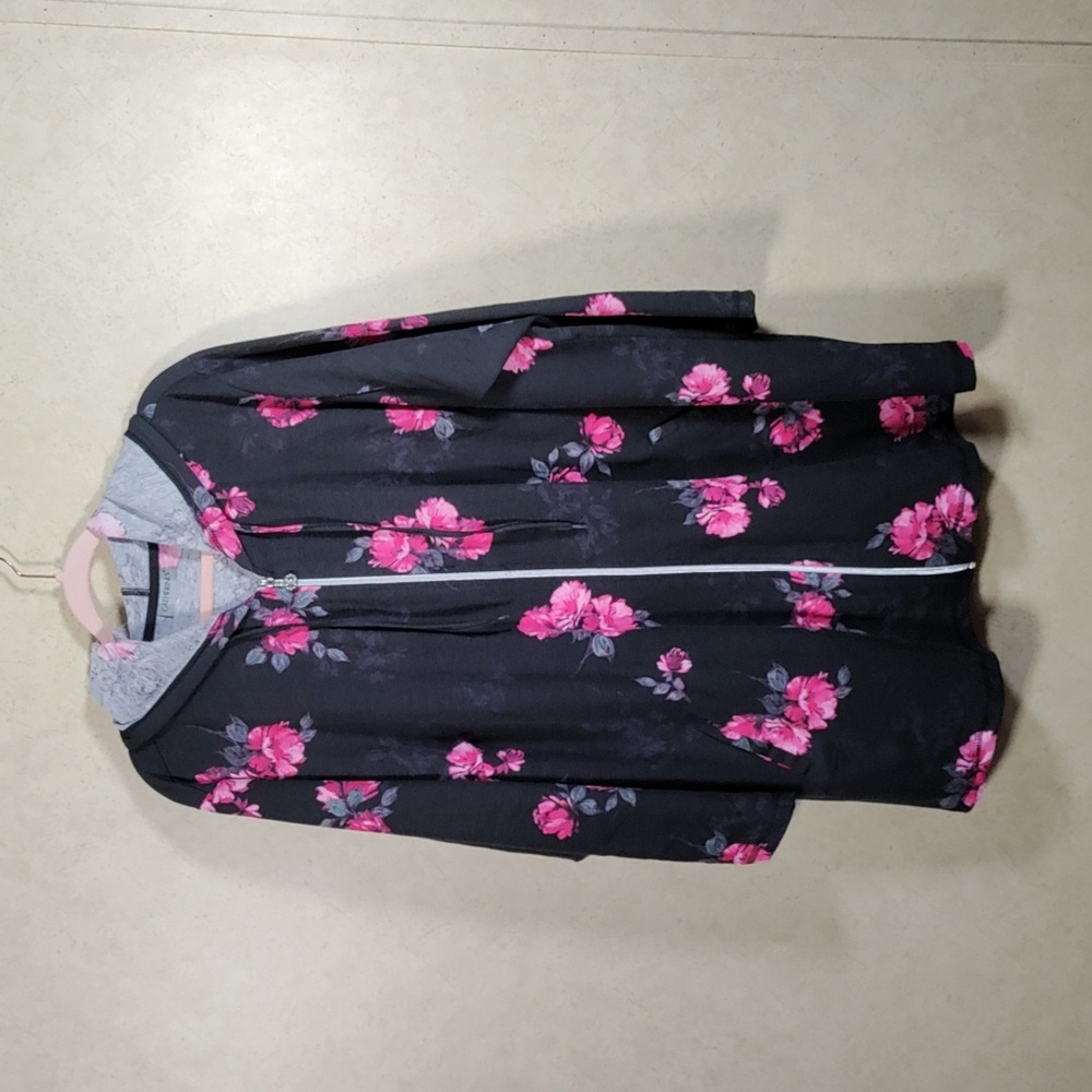 6154 Catherines black with pink floral long line hoodie jacket 3X